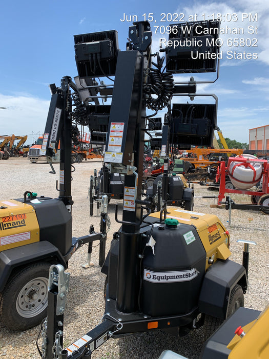 2022 Allmand NLV3GR (4) LED Light Fixture 350W, 23' Vertical Mast, 3kW Prime, Towable, Deep Sea L401, Leveling Jacks, Yanmar T4F 5.8hp