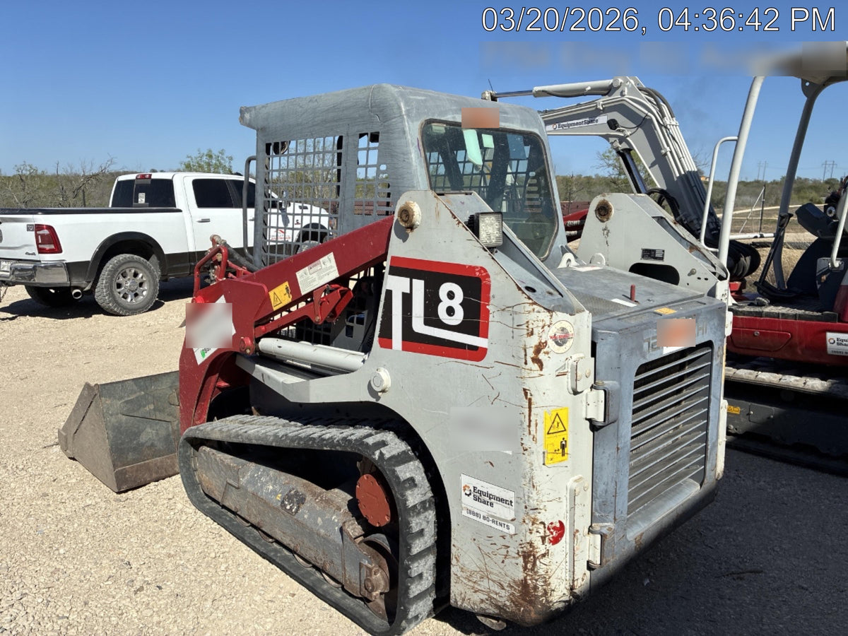 2019 Takeuchi TL8W Canopy, 15" Wide Rubber Tracks, Back-up Alarm, Front & Rear Working Lights, Auxiliary Hydraulics, Two-Speed Travel, Electronic Monitoring System w/76" HD Dirt Bucket with 8 Teeth, 20.3 cubic feet Capacity