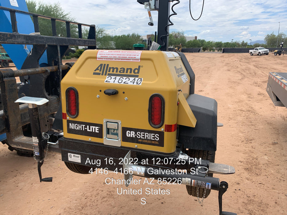 2022 Allmand NLV3GR (4) LED Light Fixture 350W, 23' Vertical Mast, 3kW Prime, Towable, Deep Sea L401, Leveling Jacks, Yanmar T4F 5.8hp