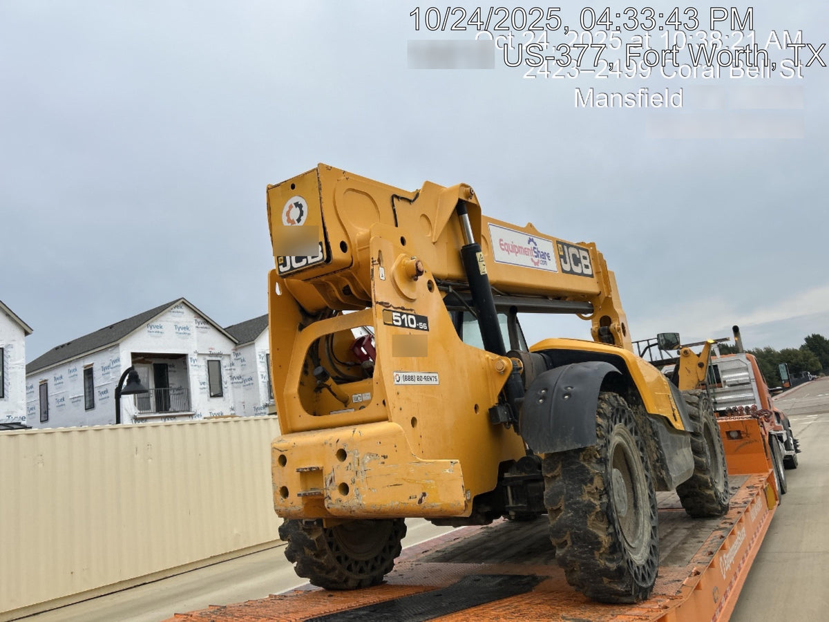 2019 JCB 510-56 74 HP w/Open ROPS, Beacon, Aux Hydraulics, Worklights, Solid Tires w/60" Carriage/Forks