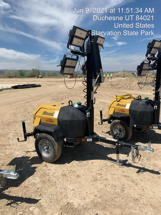 2021 Allmand NLV3GR (4) LED Light Fixture 350W, 23' Vertical Mast, 3kW Prime, Towable, Deep Sea L401, Leveling Jacks, Yanmar T4F 5.8hp