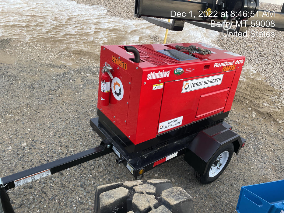 2022 Shindaiwa DGW400MDL Kubota D902 Engine, 23 HP, Dual Op Welder, Wire, Arc, Droop Stick, Tig, and CC Stick Functionality, Simulphase, 3 Phase and 1 Phase Gen Output, Single Axle NB Trlr, Slr Trckl Chrg 12V 12W, Fire Ext