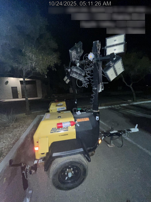 Allmand NLV3GR (4) LED Light Fixture 350W, 23' Vertical Mast, 3kW Prime, Towable, Deep Sea L401, Leveling Jacks, Yanmar T4F 5.8hp