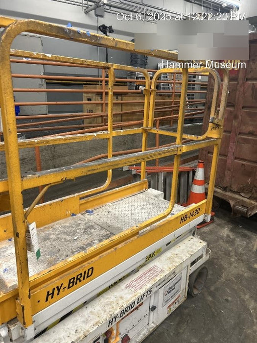 Custom Equipment HB-1430 <ul>
 <li>Hy-Brid Scissor Lift</li>
  <li>Platform capacity up to 670 lbs.</li>
  <li>Working height up to 20 ft</li>
  <li>Weighs under 1,700 lbs.</li>
  <li>Non-marking wheels </li>
</ul>