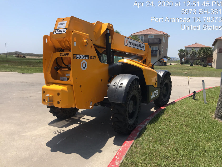 2020 JCB 506-36 Cab/Heat/Air, 74 HP, Solid Tires, STD Worklight, Beacon, Aux Hydraulics, Lifting Eye, Back up Alarm w/48" Carriage/48" Forks