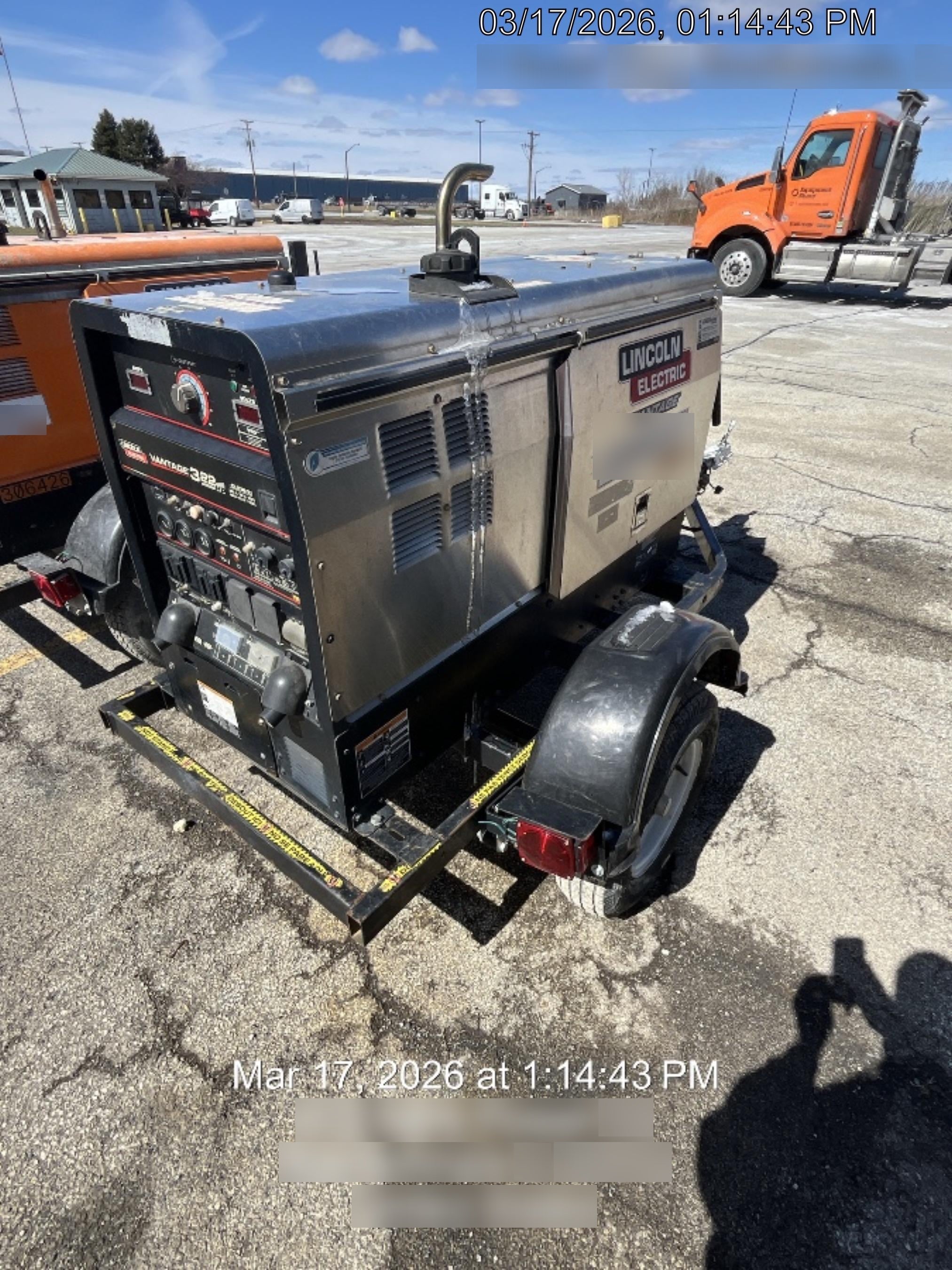 2019 Lincoln Electric Vantage 322 Welder Ready-Pak 3, Two wheel trailer, Fender and Light kit, Cable Rack