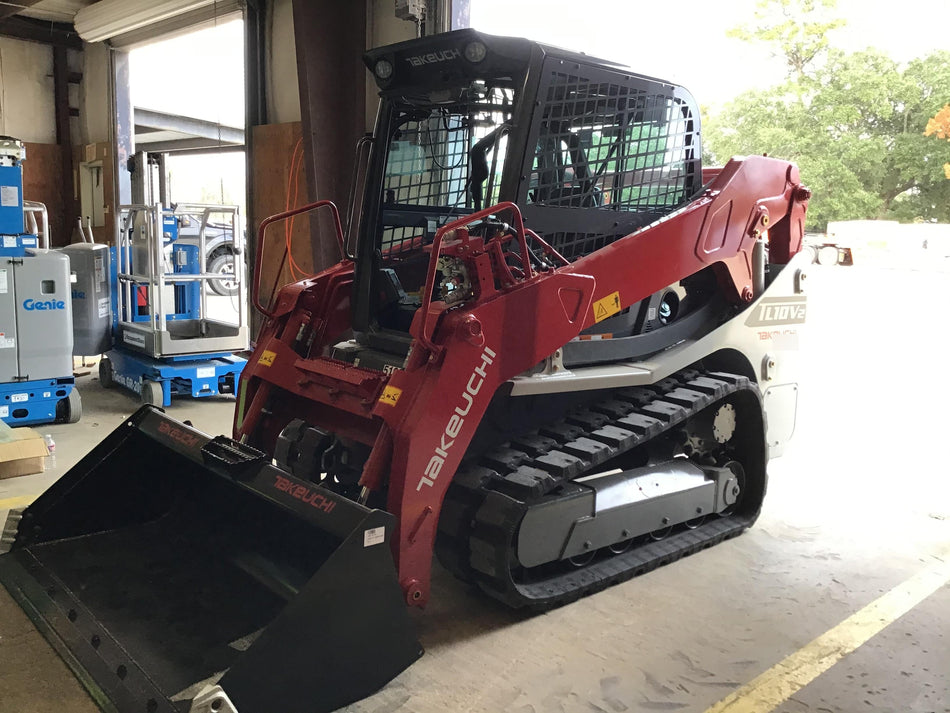2019 Takeuchi TL10V2-CR Cab/Heat/AC, Rubber Tracks, Backup Alarm, Front & rear working Lights, Auxiliary Hydraulics, 2 Speed Travel, Engine Monitoring System, Hydraulic universal quick hitch w/76" HD smooth dirt bucket with bolt-on edge, 20.3 cubic feet capacity, 48" Pallet forks and frame