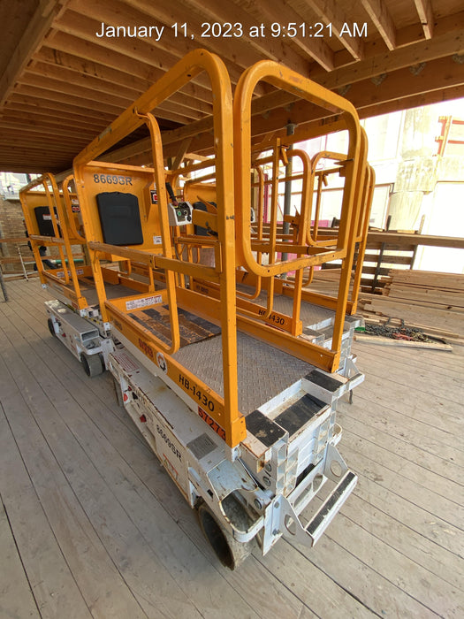 Custom Equipment HB-1430 <ul>
 <li>Hy-Brid Scissor Lift</li>
  <li>Platform capacity up to 670 lbs.</li>
  <li>Working height up to 20 ft</li>
  <li>Weighs under 1,700 lbs.</li>
  <li>Non-marking wheels </li>
</ul>