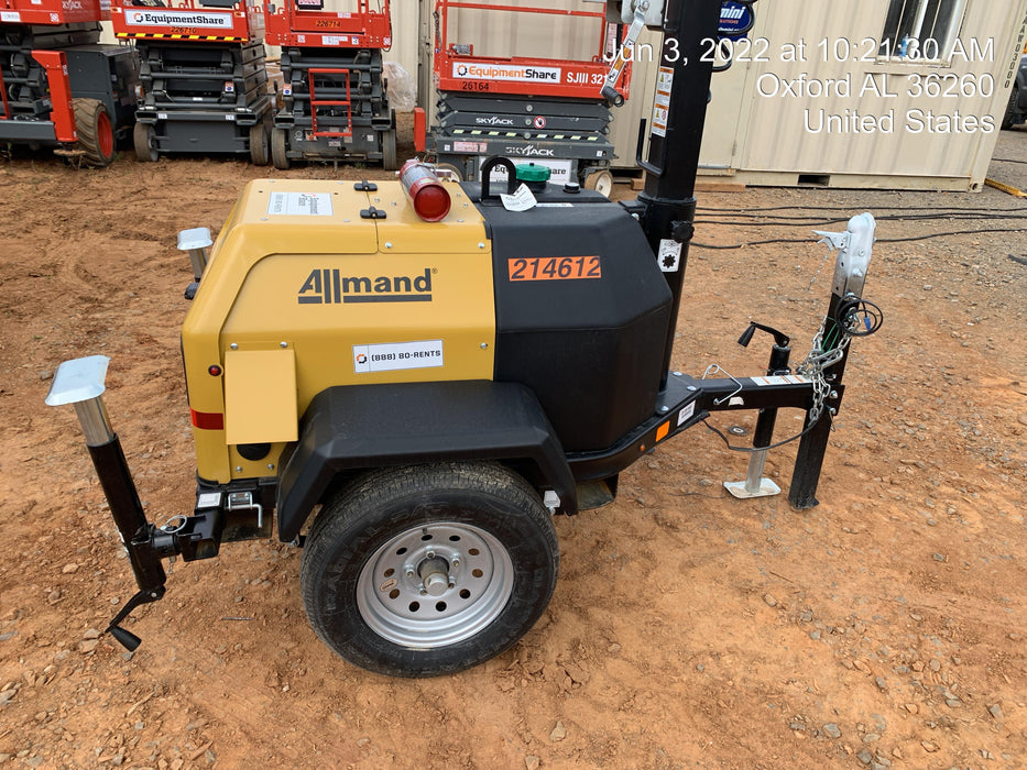 2022 Allmand NLV3GR (4) LED Light Fixture 350W, 23' Vertical Mast, 3kW Prime, Towable, Deep Sea L401, Leveling Jacks, Yanmar T4F 5.8hp