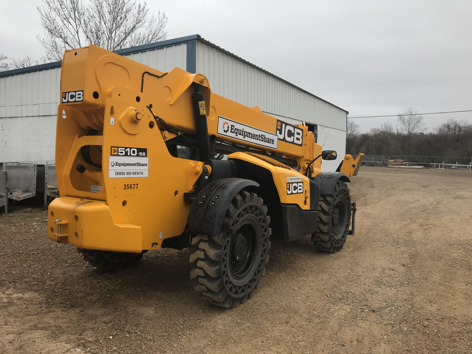 2019 JCB 510-56 Open ROPS, 74 HP, Solid Tires, Worklights, Beacon, Aux Hydraulics, Lifting Eye 66" Carriage/60" Forks