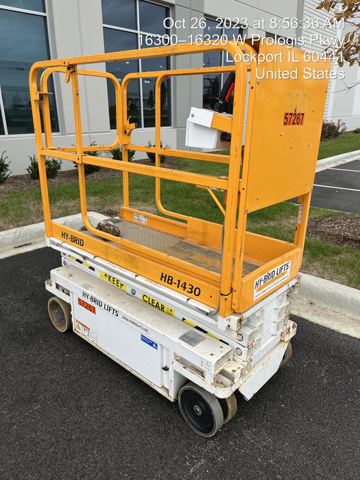 Custom Equipment HB-1430 <ul>
 <li>Hy-Brid Scissor Lift</li>
  <li>Platform capacity up to 670 lbs.</li>
  <li>Working height up to 20 ft</li>
  <li>Weighs under 1,700 lbs.</li>
  <li>Non-marking wheels </li>
</ul>