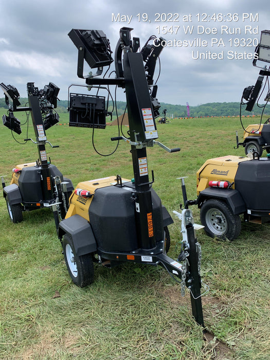 Allmand NLV3GR (4) LED Light Fixture 350W, 23' Vertical Mast, 3kW Prime, Towable, Deep Sea L401, Leveling Jacks, Yanmar T4F 5.8hp