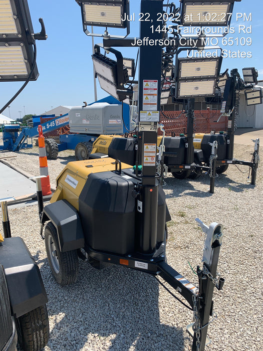 2022 Allmand NLV3GR (4) LED Light Fixture 350W, 23' Vertical Mast, 3kW Prime, Towable, Deep Sea L401, Leveling Jacks, Yanmar T4F 5.8hp