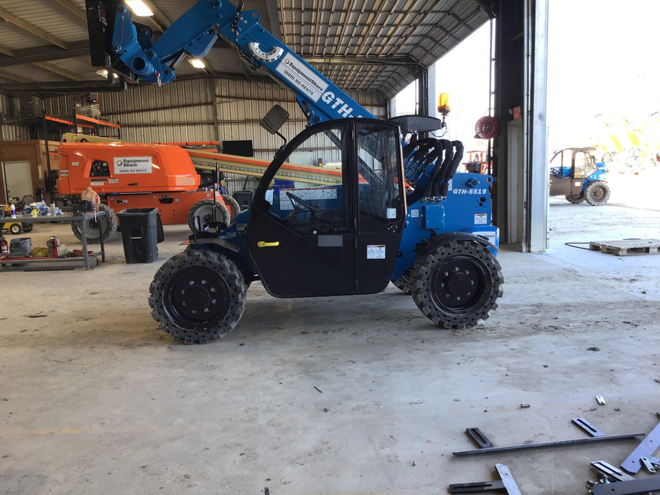 2020 Genie GTH-5519 Cab/Heat/Air, Solid Tires, Work Lights, Beacon, Aux Hydraulics, Back up Alarm w/48" Carriage, 48" Forks