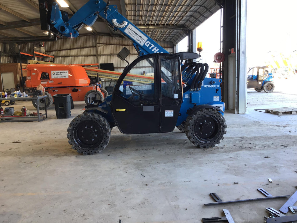 2020 Genie GTH-5519 Cab/Heat/Air, Solid Tires, Work Lights, Beacon, Aux Hydraulics, Back up Alarm w/48" Carriage, 48" Forks