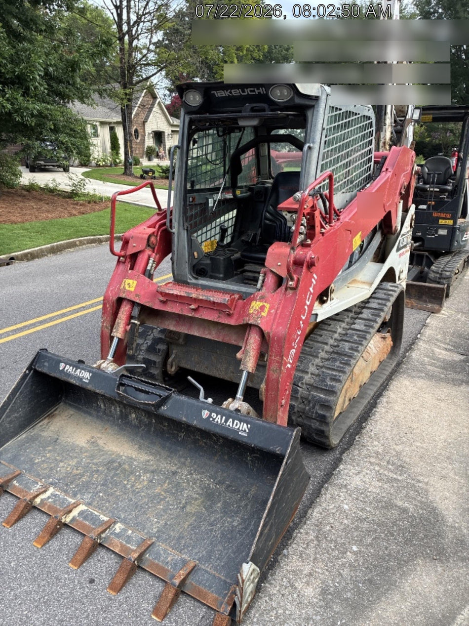 2019 Takeuchi TL10V2-CR Cab/Heat/AC, Rubber Tracks, Backup Alarm, Front & rear working Lights, Auxiliary Hydraulics, 2 Speed Travel, Engine Monitoring System, Hydraulic universal quick hitch w/76" HD dirt bucket with 8 teeth, 20.3 cubic feet capacity, 48" Pallet forks and frame