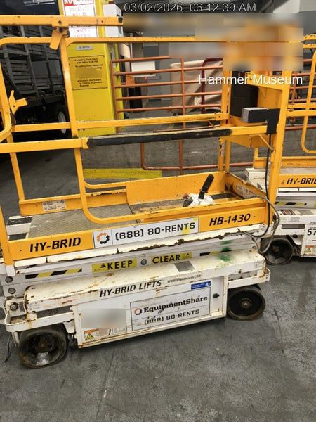 Custom Equipment HB-1430 Hy-Brid Scissor Lift
Platform capacity up to 670 lbs
Working height up to 20 ft
Weighs under 1,700 lbs
Non-marking wheels