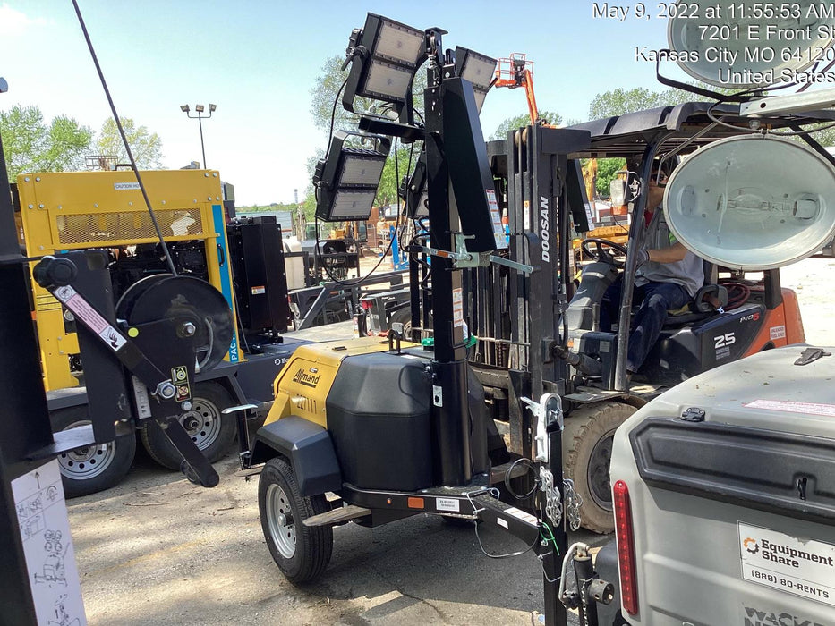 2022 Allmand NLV3GR (4) LED Light Fixture 350W, 23' Vertical Mast, 3kW Prime, Towable, Deep Sea L401, Leveling Jacks, Yanmar T4F 5.8hp