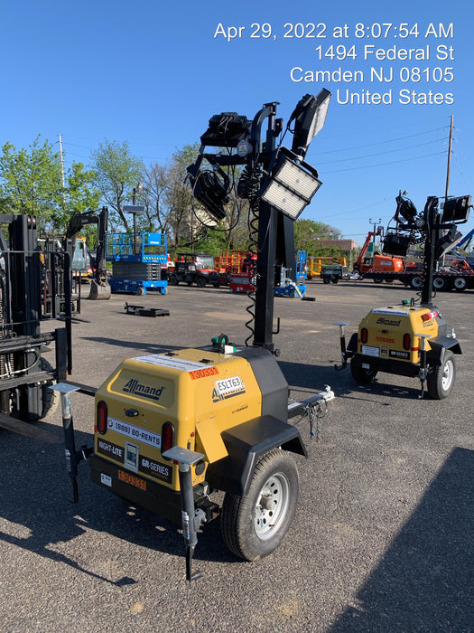 2021 Allmand NLV3GR (4) LED Light Fixture 350W, 23' Vertical Mast, 3kW Prime, Towable, Deep Sea L401, Leveling Jacks, Yanmar T4F 5.8hp