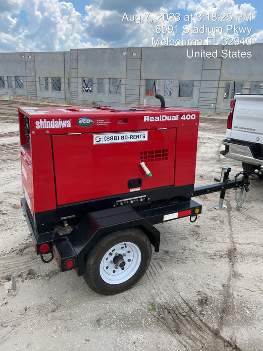 2023 Shindaiwa DGW400MDL Kubota D902 Engine, 23 HP, Dual Op Welder, Wire, Arc, Droop Stick, Tig, and CC Stick Functionality, Simulphase, 3 Phase and 1 Phase Gen Output, Single Axle NB Trlr, Slr Trckl Chrg 12V 12W, Fire Ext