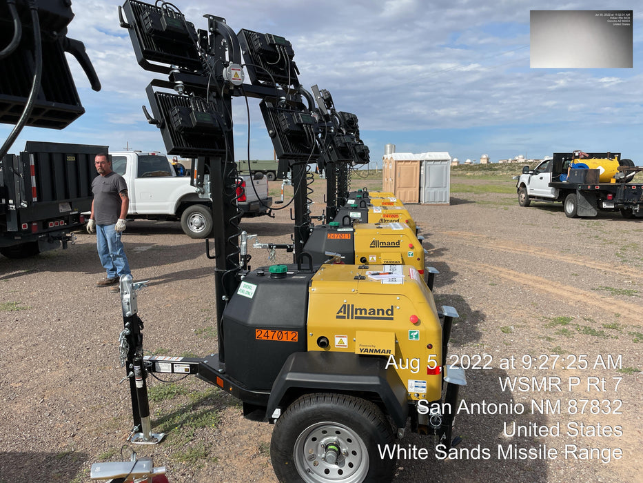 2022 Allmand NLV3GR (4) LED Light Fixture 350W, 23' Vertical Mast, 3kW Prime, Towable, ES Decals, T3