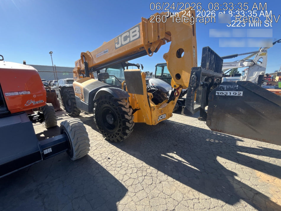 2019 JCB 510-56 74 HP w/Open ROPS, Beacon, Aux Hydraulics, Worklights, Solid Tires w/60" Carriage/Forks