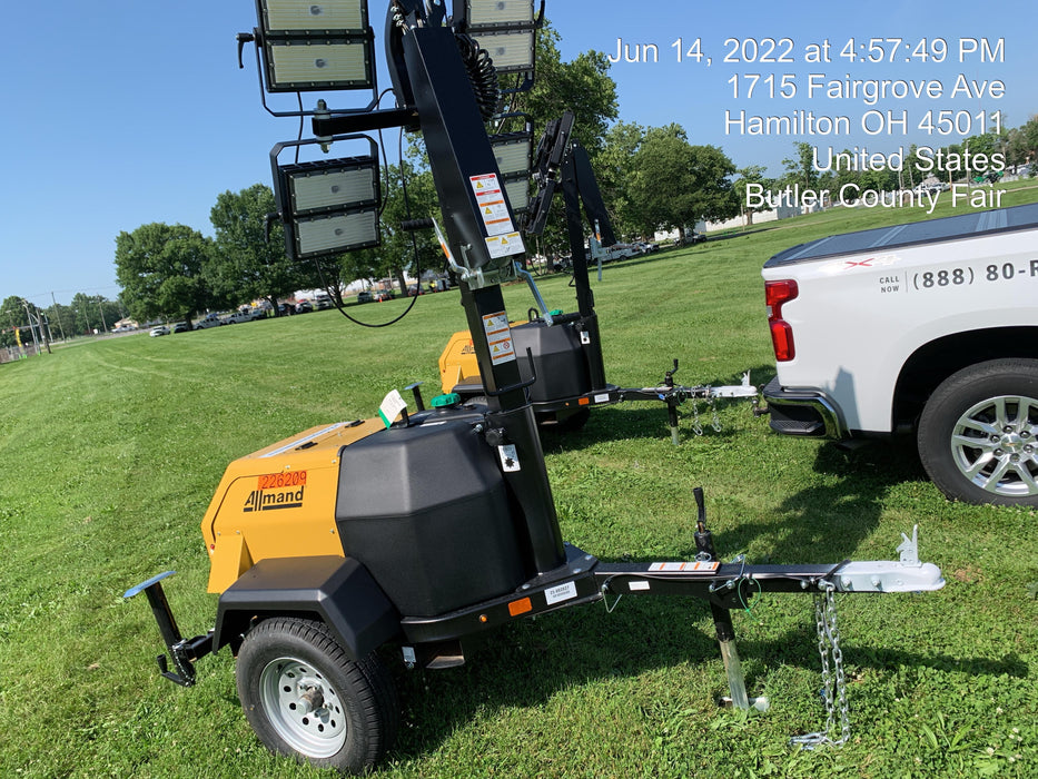 2022 Allmand NLV3GR (4) LED Light Fixture 350W, 23' Vertical Mast, 3kW Prime, Towable, Deep Sea L401, Leveling Jacks, Yanmar T4F 5.8hp