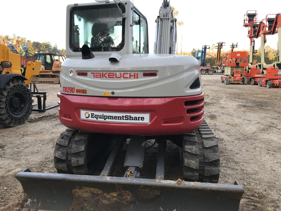 2019 Takeuchi TB290 Cab, AC, Rubber Tracks, Dozer Blade, Travel Alarm, Control Pattern Change Valve, Auxiliary Hydraulics w/18" Quick Coupler Bucket with teeth, 6.2 cu. ft. capacity/24" Quick Coupler Bucket with teeth, 8.6 cu. ft. capacity/36" Quick Coupler Bucket with teeth, 13.4 cu. ft. capacity, Quick Coupler, Hydraulic Thumb Installed