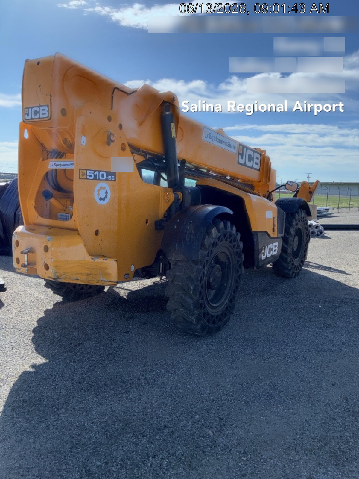 2020 JCB 510-56 Cab/Heat/Air, 74 HP, Solid Tires, STD Worklight, Beacon, Aux Hydraulics, Lifting Eye, Back up Alarm w/66" Carriage/60" Forks