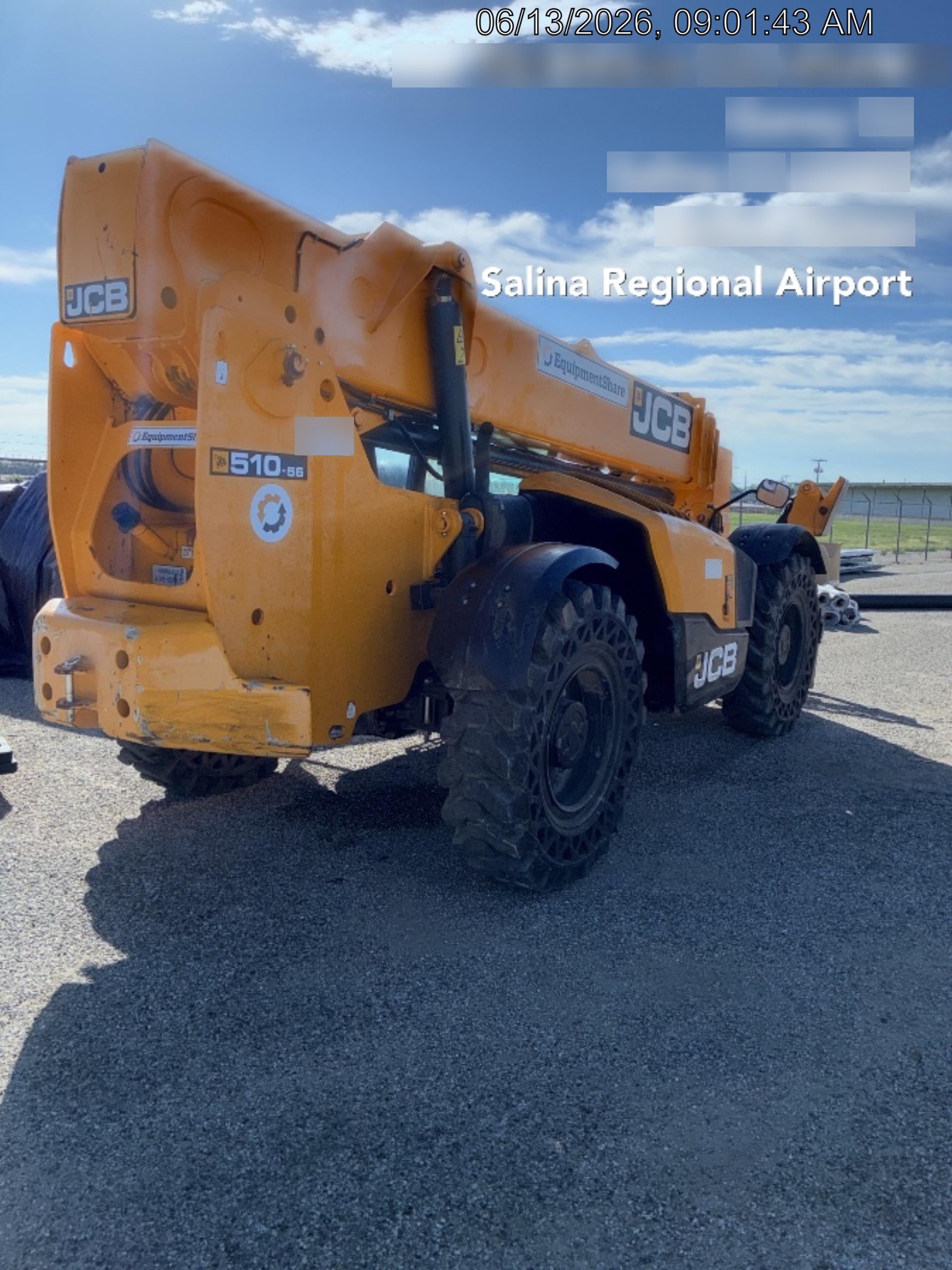 2020 JCB 510-56 Cab/Heat/Air, 74 HP, Solid Tires, STD Worklight, Beacon, Aux Hydraulics, Lifting Eye, Back up Alarm w/66" Carriage/60" Forks