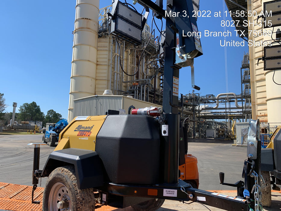 2022 Allmand NLV3GR (4) LED Light Fixture 350W, 23' Vertical Mast, 3kW Prime, Towable, Deep Sea L401, Leveling Jacks, Yanmar T4F 5.8hp