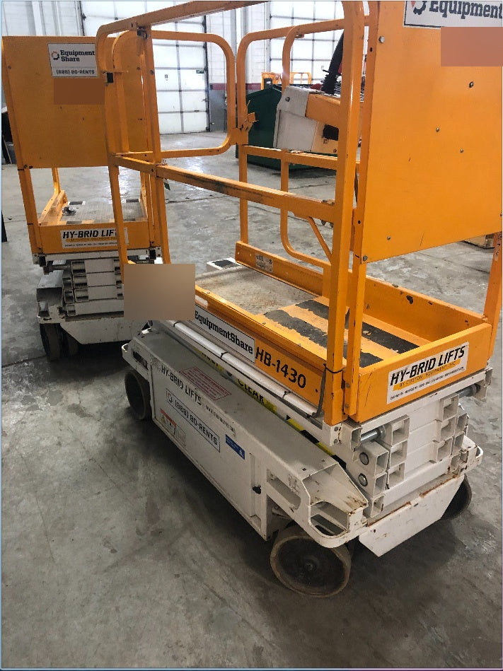 Custom Equipment HB-1430 <ul>
 <li>Hy-Brid Scissor Lift</li>
  <li>Platform capacity up to 670 lbs.</li>
  <li>Working height up to 20 ft</li>
  <li>Weighs under 1,700 lbs.</li>
  <li>Non-marking wheels </li>
</ul>