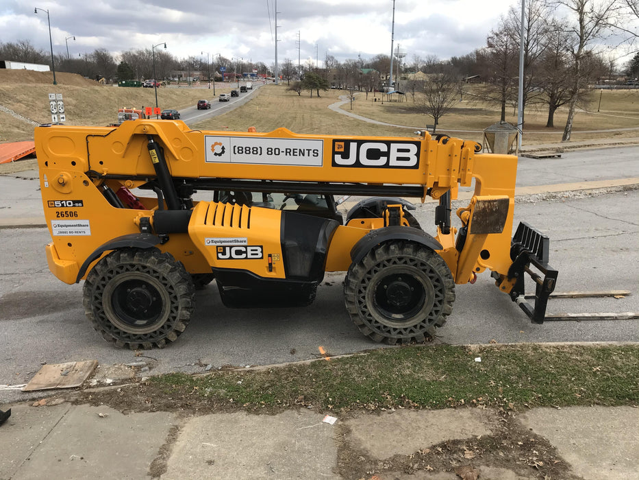 2019 JCB 510-56 Open ROPS, 74 HP, Solid Tires, Worklights, Beacon, Aux Hydraulics, Lifting Eye, 60" Carriage/60" Forks