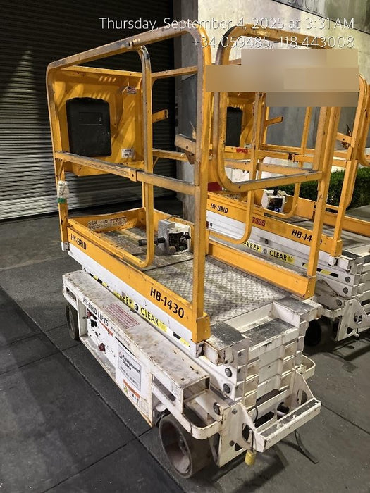 Custom Equipment HB-1430 <ul>
 <li>Hy-Brid Scissor Lift</li>
  <li>Platform capacity up to 670 lbs.</li>
  <li>Working height up to 20 ft</li>
  <li>Weighs under 1,700 lbs.</li>
  <li>Non-marking wheels </li>
</ul>