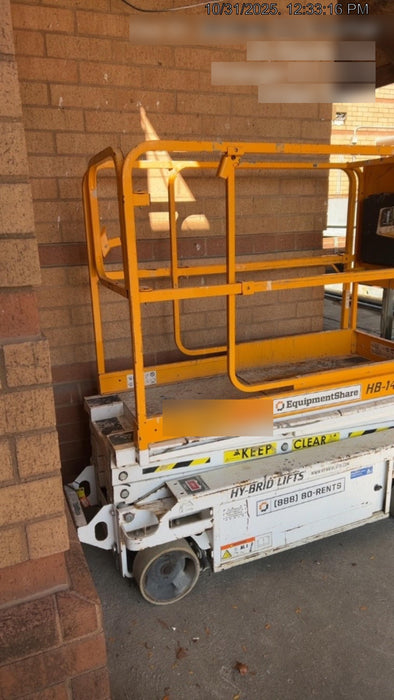 Custom Equipment HB-1430 Hy-Brid Scissor Lift
Platform capacity up to 670 lbs
Working height up to 20 ft
Weighs under 1,700 lbs
Non-marking wheels