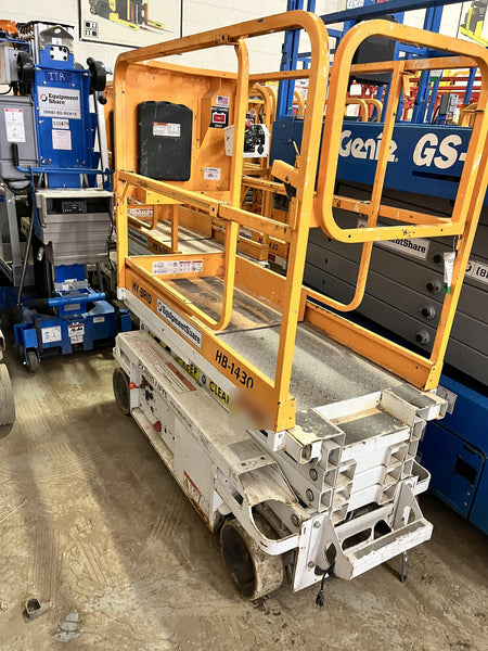 Custom Equipment HB-1430 <ul>
 <li>Hy-Brid Scissor Lift</li>
  <li>Platform capacity up to 670 lbs.</li>
  <li>Working height up to 20 ft</li>
  <li>Weighs under 1,700 lbs.</li>
  <li>Non-marking wheels </li>
</ul>