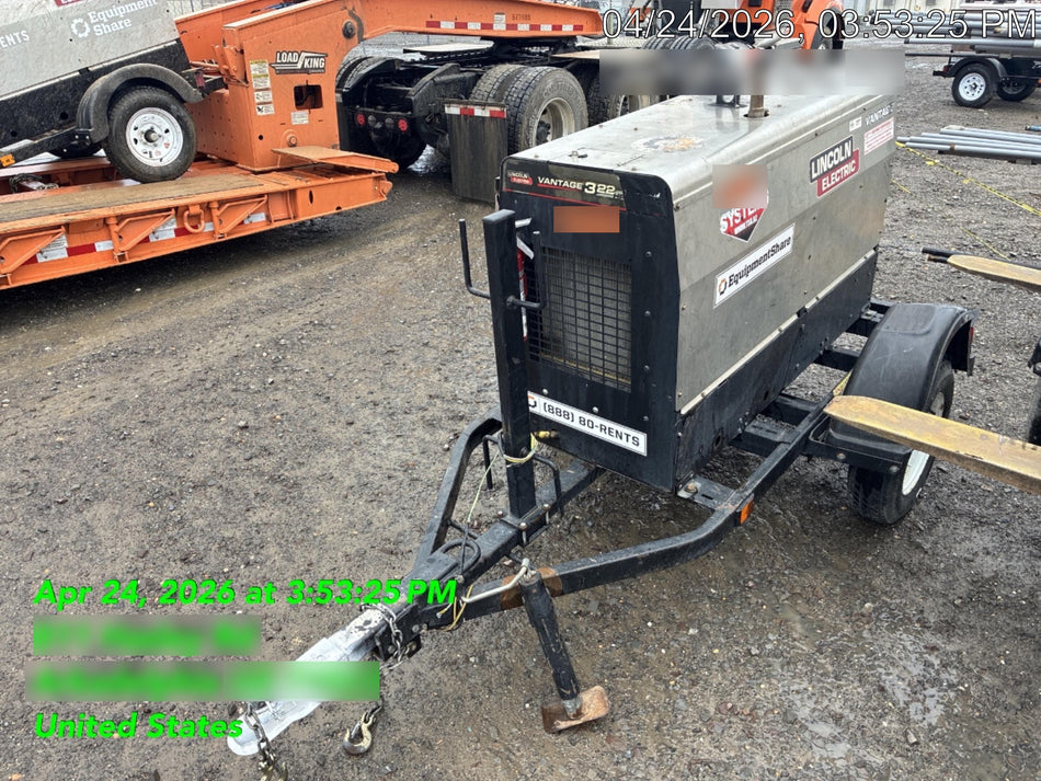 2019 Lincoln Electric Vantage 322 Welder Ready-Pak 3, Two wheel trailer, Fender and Light kit, Cable Rack