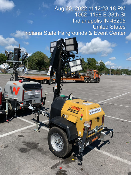 2022 Allmand NLV3GR (4) LED Light Fixture 350W, 23' Vertical Mast, 3kW Prime, Towable, Deep Sea L401, Leveling Jacks, Yanmar T4F 5.8hp