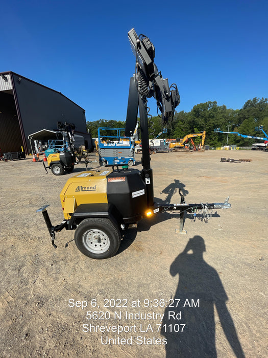 2022 Allmand NLV3GR (4) LED Light Fixture 350W, 23' Vertical Mast, 3kW Prime, Towable, Deep Sea L401, Leveling Jacks, Yanmar T4F 5.8hp