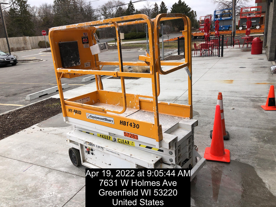 Custom Equipment HB-1430 <ul>
 <li>Hy-Brid Scissor Lift</li>
  <li>Platform capacity up to 670 lbs.</li>
  <li>Working height up to 20 ft</li>
  <li>Weighs under 1,700 lbs.</li>
  <li>Non-marking wheels </li>
</ul>