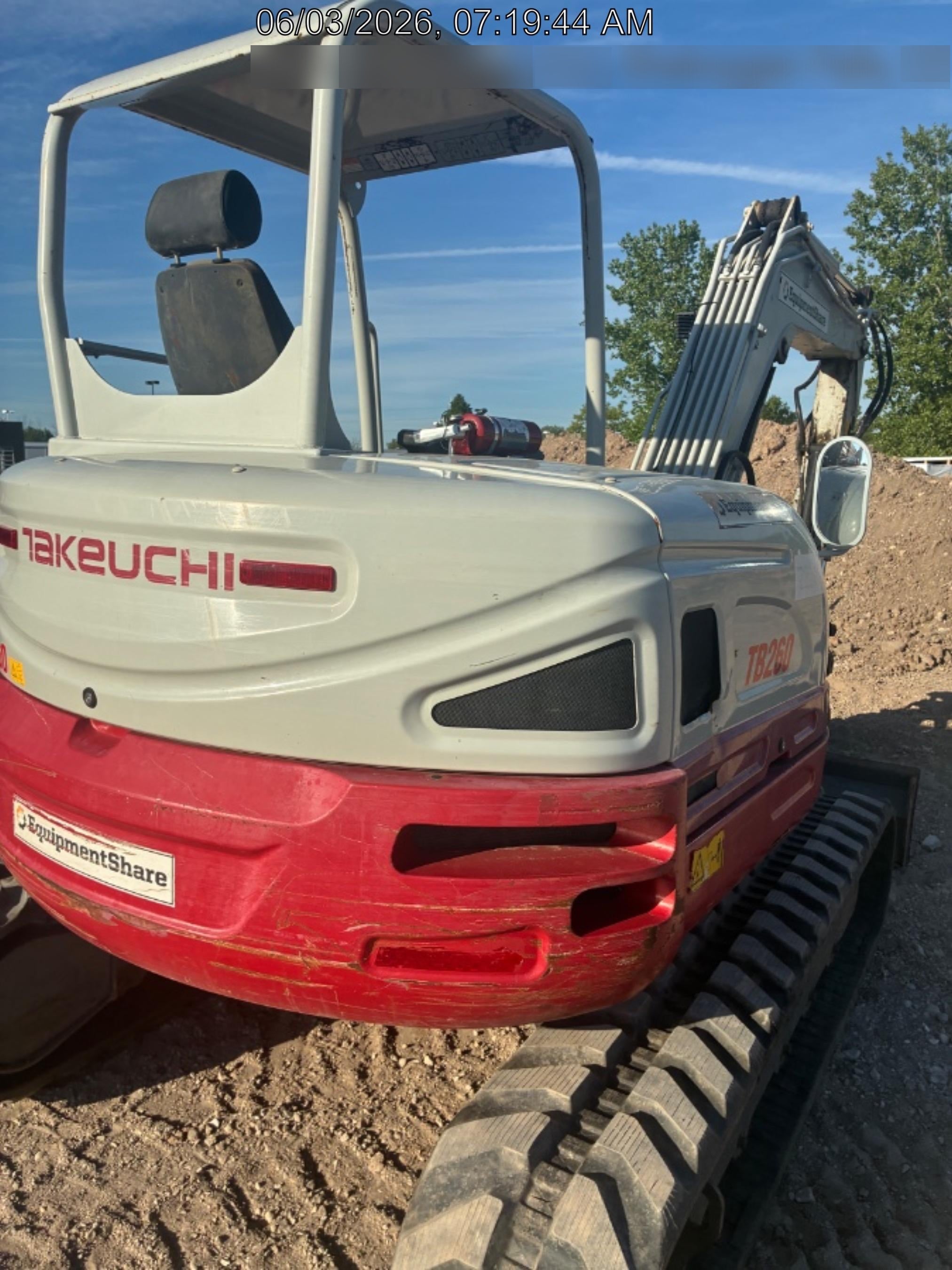 2019 Takeuchi TB260 Takeuchi TB260 Canopy w/Rubber Tracks, Auxiliary Hydraulics, Standard Blade, Manual QC, 12 / 18 / 24" Buckets, Hydraulic Thumb Installed