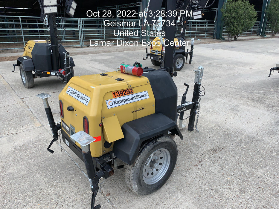 2022 Allmand NLV3GR (4) LED Light Fixture 350W, 23' Vertical Mast, 3kW Prime, Towable, Deep Sea L401, Leveling Jacks, Yanmar T4F 5.8hp