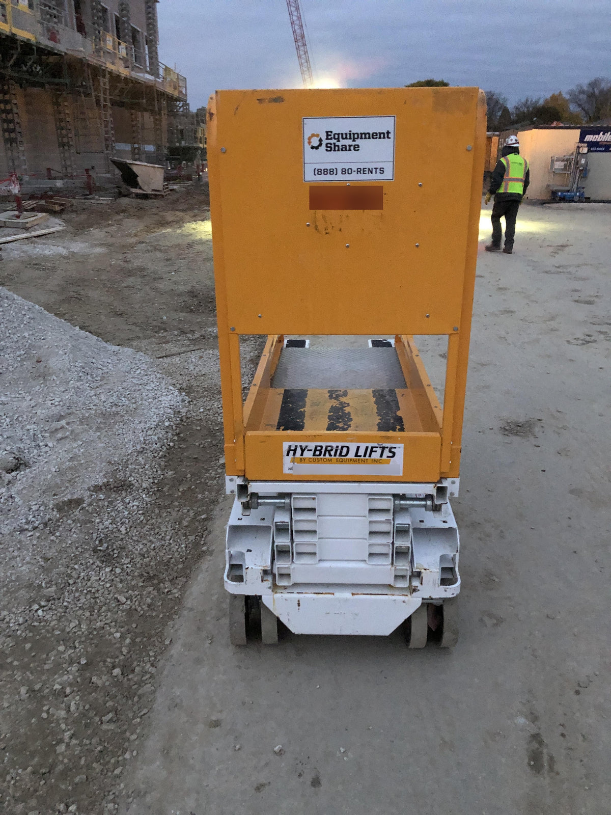 Custom Equipment HB-1430 <ul>
 <li>Hy-Brid Scissor Lift</li>
  <li>Platform capacity up to 670 lbs.</li>
  <li>Working height up to 20 ft</li>
  <li>Weighs under 1,700 lbs.</li>
  <li>Non-marking wheels </li>
</ul>