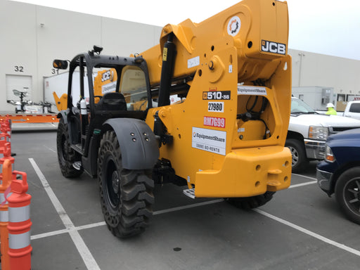 2019 JCB 510-56 74 HP w/Open ROPS, Beacon, Aux Hydraulics, Worklights, Solid Tires w/60" Carriage/Forks