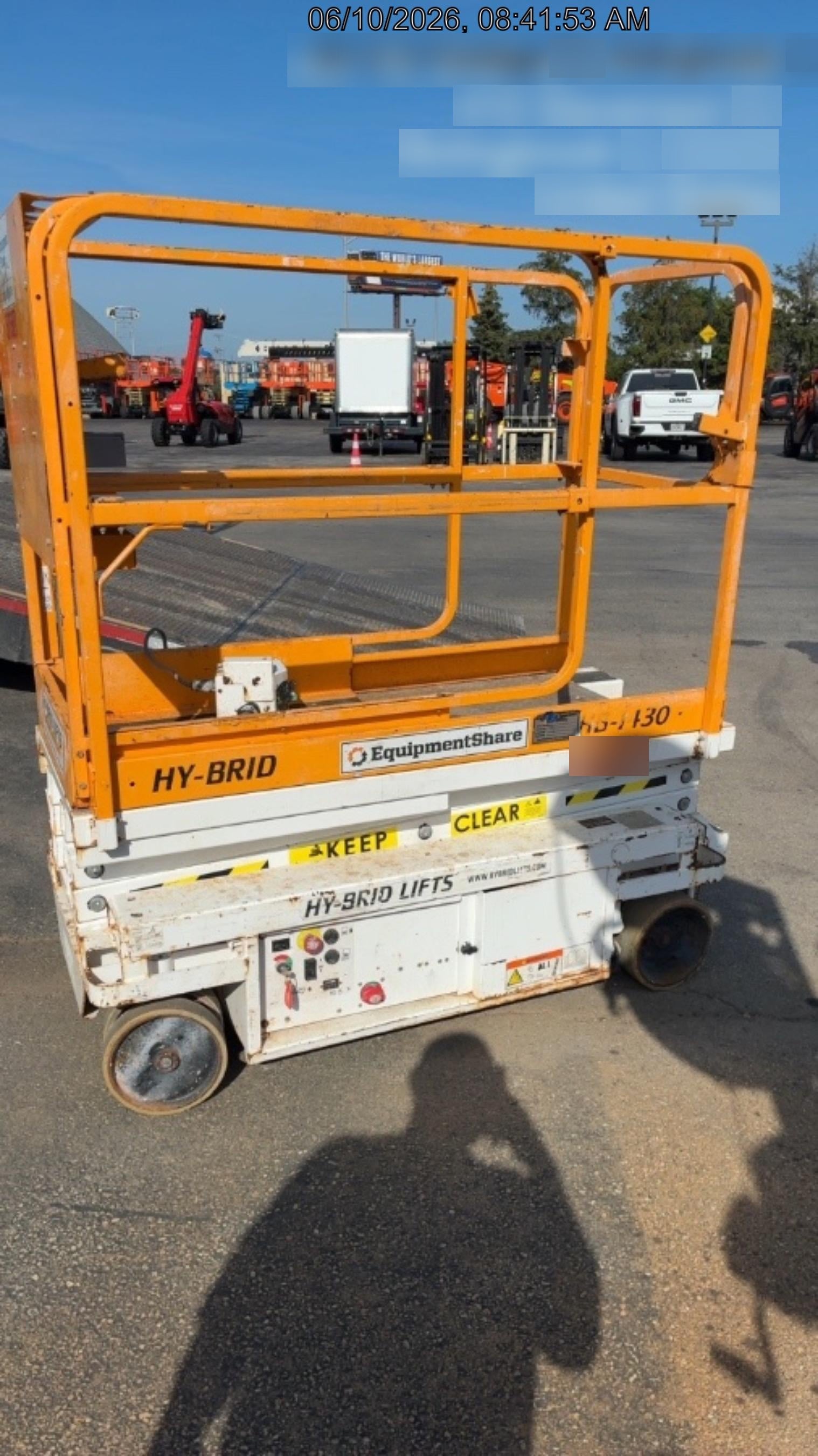 Custom Equipment HB-1430 <ul>
 <li>Hy-Brid Scissor Lift</li>
  <li>Platform capacity up to 670 lbs.</li>
  <li>Working height up to 20 ft</li>
  <li>Weighs under 1,700 lbs.</li>
  <li>Non-marking wheels </li>
</ul>