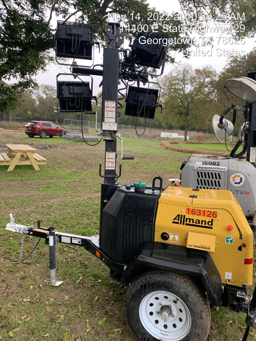 2021 Allmand NLV3GR (4) LED Light Fixture 350W, 23' Vertical Mast, 3kW Prime, Towable, Deep Sea L401, Leveling Jacks, Yanmar T4F 5.8hp