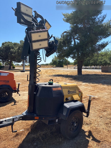 Allmand NLV3GR (4) LED Light Fixture 350W, 23' Vertical Mast, 3kW Prime, Towable, Deep Sea L401, Leveling Jacks, Yanmar T4F 5.8hp
