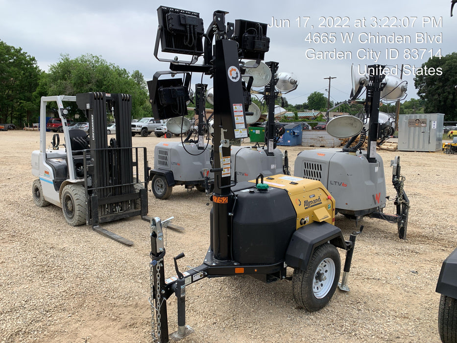 2021 Allmand NLV3GR (4) LED Light Fixture 350W, 23' Vertical Mast, 3kW Prime, Towable, Deep Sea L401, Leveling Jacks, Yanmar T4F 5.8hp