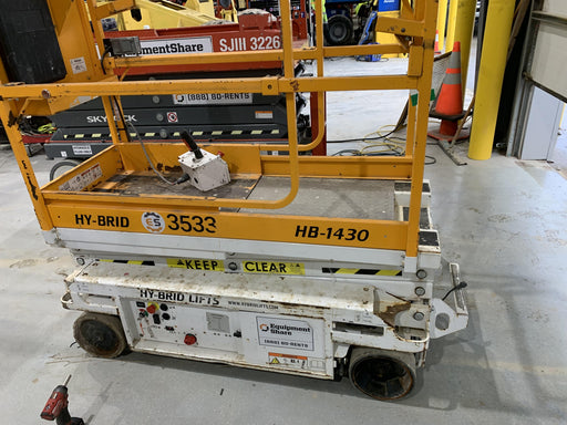 Custom Equipment HB-1430 Hy-Brid Scissor Lift
Platform capacity up to 670 lbs
Working height up to 20 ft
Weighs under 1,700 lbs
Non-marking wheels