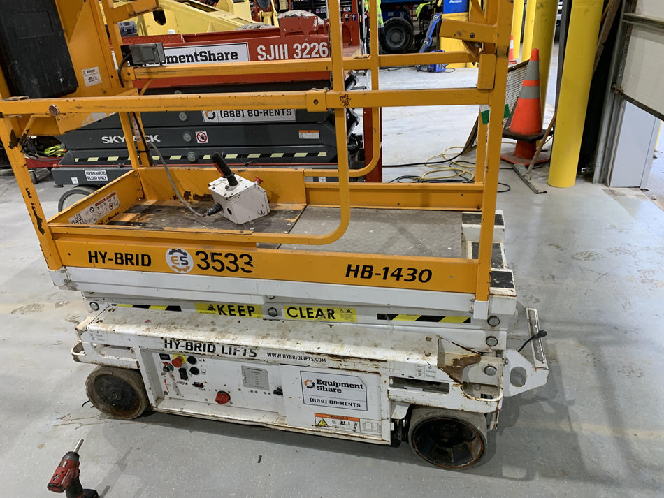 Custom Equipment HB-1430 Hy-Brid Scissor Lift
Platform capacity up to 670 lbs
Working height up to 20 ft
Weighs under 1,700 lbs
Non-marking wheels